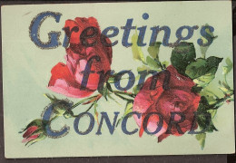 Greetings From Concord - Vintage Postcard (roses Upside-down) With Glitters Glued Around The Edges Of The Characters - Boston