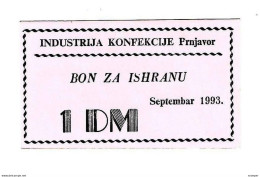 *bosnia- Herzegovina  Prnjavor Confection Industie Food Voucher September 1993 1 Mark Ref40  Unc With Stamp - Bosnië En Herzegovina