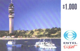 Chile:Used Phonecard, Entel Ticket, 1000 $, Communication Tower, Boats, 1999 - Cile