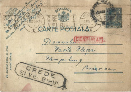 ROMANIA 1941 POSTCARD, CENSORED, COMMUNIST PROPAGANDA STAMP POSTCARD STATIONERY - World War 2 Letters