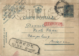 ROMANIA 1941 POSTCARD, CENSORED, COMMUNIST PROPAGANDA STAMP POSTCARD STATIONERY - 2de Wereldoorlog (Brieven)