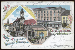 POZSONY 1899. Litho Képeslap, Fő Tér, Városháza, Strössner Kávéház és Belseje, Biliárd - Hongrie