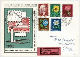 Schweiz Pro Juventute 1958, Brief Express Tag Der Briefmarke Bellinzona - Chur, Blumen / Fleurs / Flowers, Heraldik - Briefe U. Dokumente