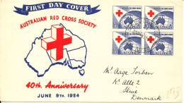 Australia FDC Red Cross 40th Anniversary In Block Of 4 With Cachet And Sent To Denmark - FDC