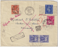 FRANCE 1951 LSC D'Angleterre Sous-affranchie (2-1/2d Pour 4d) Taxée 17f à Veules-les-Roses, Refusée, Taxée 4d Au Retour - 1859-1959 Briefe & Dokumente