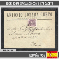 D0216# España 1905. [SOB] Sobre Circulado Con 15 Cts Cadete Y Matasellos Ambulante - Otros & Sin Clasificación