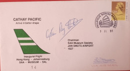 AVIATION 1991 SAA MUSEUM FLIGHT COVER #14 CATHAY PACIFIC HONG KONG TO JHB SIGNED CAPTAIN - Brieven En Documenten