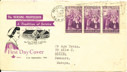 Australia FDC 21-9-1955 Florence Nightingale Nursing With Cachet Strip Of 3 Sent To Denmark - FDC