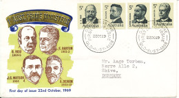 Australia FDC 22-10-1969 Ist. Australian Prime Ministers Set Of 4 With Cachet Sent To Denmark - FDC