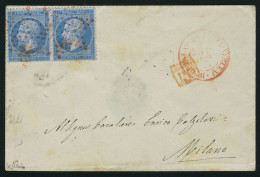 Lettre N° 22, 20c Bleu, Paire Hor. Sur L. Obl. étoile Rouge + Càd Rouge Du Palais De Fontainebleau 15 Juin 1864, Pour Mi - Sonstige & Ohne Zuordnung