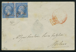 Lettre N° 22, 20c Bleu, Paire Hor. Sur L. Obl. étoile Rouge + Càd Rouge Du Palais De Fontainebleau 15 Juin 1864, Pour Mi - Other & Unclassified