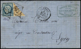 Lettre N° 36 + 37, 20c Bleu + Coupé Du 10c Bistre, Aff. De Fortune à 25c De Bourg Du Péage 17 Sep 71 Pour Lyon, Rare, Si - Autres & Non Classés