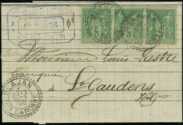 Lettre N° 76, 5c Vert, Bande De 3, Sur Lettre, OBL Cachet à Date Perlé BLAJAN 12 Oct 96 Pour St Gaudens, TB - Andere & Zonder Classificatie