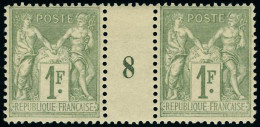 Neuf Sans Charnière N° 82, 1f Olive, Paire Millésime 8, Centrage Parfait (cl Sur Intervalle), T.B. - Andere & Zonder Classificatie