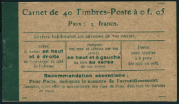 Neuf Sans Charnière N° 137-C9, 5c Vert Semeuse Type II, Couv Avec En 2è Page Loi Du 29 Mars 1920, Carnet Incomplet : Les - Andere & Zonder Classificatie