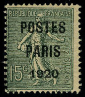 Neuf Sans Charnière N° 25, 15c Vert Papier GC Paris 1920, T.B. Signé Brun Maury - Autres & Non Classés