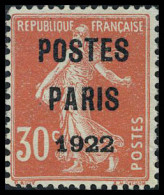 Neuf Sans Gomme N° 32, 30c Postes Paris 1922, TB - Signé Brun - Autres & Non Classés