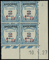 Neuf Sans Charnière N° 13, 1.20 S/2f Bleu En Bloc De 4 Coin Daté 10/1/27, TB - Other & Unclassified