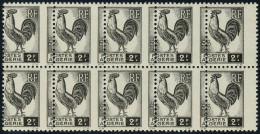 Neuf Sans Charnière N° 221a, 2f Coq, Bloc De 10 Timbres Piquage à Cheval, TB - Otros & Sin Clasificación