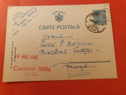 Roumanie - Entier Postal De Sibiu Pour Bucarest Avec Cachet De Censure En 1942 - J 509 - Postal Stationery