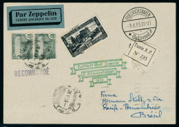 Lettre Zeppelin 2 SAF 1933, CP Recommandée De Tunis 29.V.33 Càd De Transit Friedrichshafen 3.6.33 Pour Recife Pernambuco - Other & Unclassified