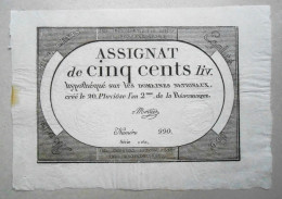 Assignat De Cinq Cent Livres (500) Série 1161, N°990. Signé Mortier. 20 Pluviôse L'an Deux De La République. - Assegnati