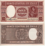 CHILE  10 Pesos   P120  ( ND  1958-59   Manuel Bulnes   At Right )   UNC - Chile