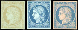 (*) 2 + 3 + 4 -- 3 Essais : 15c. En Bistre S/vert + 20c. En Bleu S/bleu + 25c. En Bleu S/rose. SUP. - 1849-1850 Cérès