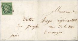 Obl. 2 -- 15c. Vert, Obl. Grille S/lettre Injurieuse à Destination De Victor Hugo, Représentant Du Peuple à Paris. SUP.  - 1849-1850 Cérès