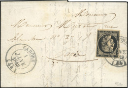 Obl. 3 -- 20c. Noir S/jaune Obl. S/lettre Frappée Du Cachet Type 14, Moyen De CAHORS Du 1er Janvier 1849 à Destination D - 1849-1850 Ceres