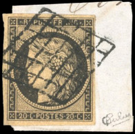 Obl. 3b -- 20c. Noir S/chamois. Obl. Grille S/fragment. SUP. - 1849-1850 Ceres