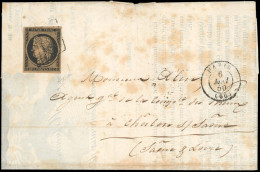 Obl. 3g -- 20c. Noir S/chamois Très Foncé Obl. S/lettre Frappée De PARIS Du 6 Mai 1850 à Destination De CHALON-SUR-SAONE - 1849-1850 Ceres