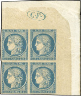 ** 4 -- 25c. Bleu. Bloc De 4. Coin De Feuille Avec Cachet ''C.F.''. Petite Fente Sur Timbre Inférieur Gauche. Superbe D' - 1849-1850 Ceres