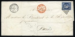 Obl. 4 -- 25c. Bleu Obl. Grille S/lettre Frappée Du CàD De CLAIRVAUX-SUR-AUBE Du 5 Avril 1851 à Destination Du Président - 1849-1850 Ceres