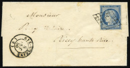Obl. 4 -- 25c. Bleu Obl. Grille, S/lettre Frappée Du CàD De GYE-SUR-SEINE Du 8 Octobre 1850 à Destination De RICEY - HAU - 1849-1850 Cérès