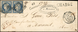 Obl. 4 X 2 -- Paire Du 25c. Bleu Obl. Grille S/lettre Chargée, Frappée De La Cursive "45 COCUMONT" Et Du CàD De MEILHAN  - 1849-1850 Cérès