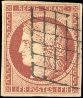 Obl. 6a -- 1F. Carmin Clair. Obl. Grille Dégageant Les Yeux De Cérès. SUP. - 1849-1850 Cérès