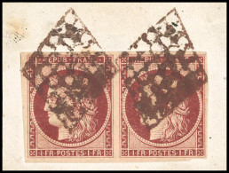 Obl. 6B -- 1F. Carmin-brun. Paire Obl. Grille Rouge S/fragment. TB. RR. - 1849-1850 Cérès