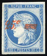 * 8A -- 25c. S/20c. Bleu Surchargé Rouge. Non émis. Fraicheur Postale. SUP. R. - 1849-1850 Cérès