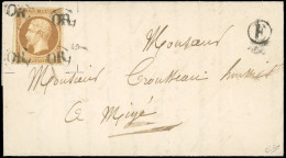 Obl. 9 -- 10c. Bistre-jaune Obl. OR Aux 4 Coins Du Timbre S/lettre Manuscrite De 1855 à Destination De MIGE - YONNE. Piè - 1852 Luis-Napoléon