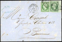Obl. 12+ 12b -- 5c. Vert + 5c. Vert Foncé Obl. PC 441 S/lettre Frappée Du CàD De BORDEAUX Du 5 Décembre 1857 Car Port Lo - 1853-1860 Napoléon III.
