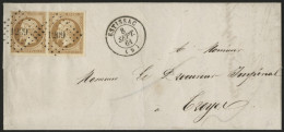 Obl. 13B -- Paire Du 10c. Bistre, Obl. PC 1209 S/lettre Frappée Du CàD D'ESTISSAC Du 8 Septembre 1861 à Destination De T - 1853-1860 Napoléon III