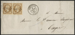 Obl. 13B -- Paire Du 10c. Bistre, Obl. PC 1209 S/lettre Frappée Du CàD D'ESTISSAC Du 8 Septembre 1861 à Destination De T - 1853-1860 Napoleon III