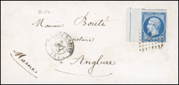 Obl. 14 -- 20c. Bleu, BdeF Avec Filet D'encadrement, Obl. PC 2282 S/lettre Frappée Du CàD De NOGENT-SUR-SEINE Du 6 Septe - 1853-1860 Napoléon III.