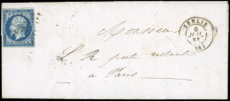 Obl. 14A -- 20c. Bleu S/vert Obl. PC 874 S/lettre Frappée Du CàD De SENLIS Du 6 Juillet 1855 à Destination De PARIS. Arr - 1853-1860 Napoléon III.