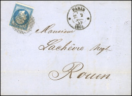 Obl. 14A -- 20c. Bleu (déf.), Obl. Cercle De Points Du Bureau Central, S/lettre Frappée Du CàD De PARIS (60) Du 2 Novemb - 1853-1860 Napoléon III