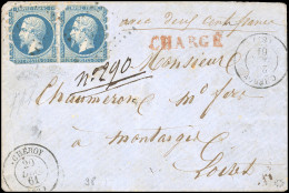 Obl. 14A -- Paire Du 20c. Bleu, Piquage De Cheroy Sur 3 Côtés, Obl. PC 843 S/lettre Chargée Frappée Du CàD De CHEROY Du  - 1853-1860 Napoléon III