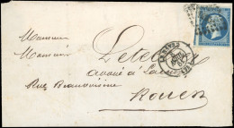 Obl. 14Ad -- 20c. Bleu Foncé S/vert (déf.) Obl. Losange PC 1495 S/lettre Incomplète Frappée Du CàD De LA HAVRE Du 8 Avri - 1853-1860 Napoléon III