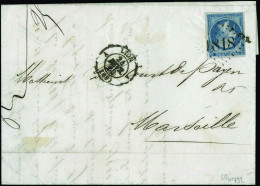 Obl. 14B -- 20c. Bleu Obl. Du Cachet D'essai Du GC 1818, S/lettre Frappée Du CàD De LYON Du 24 Janvier 1862 à Destinatio - 1853-1860 Napoleon III