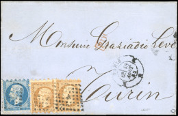 Obl. 14B+ 13B X2 -- 20c. Bleu + 10c. Bistre, Piquage Susse, Obl. S/lettre Frappée Du CàD PARIS Du 18 Août 1862 à Destina - 1853-1860 Napoléon III.